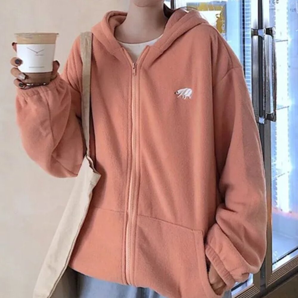 yesstyle bear embroidered fleece peach zip up hoodie | womens hoodies jackets